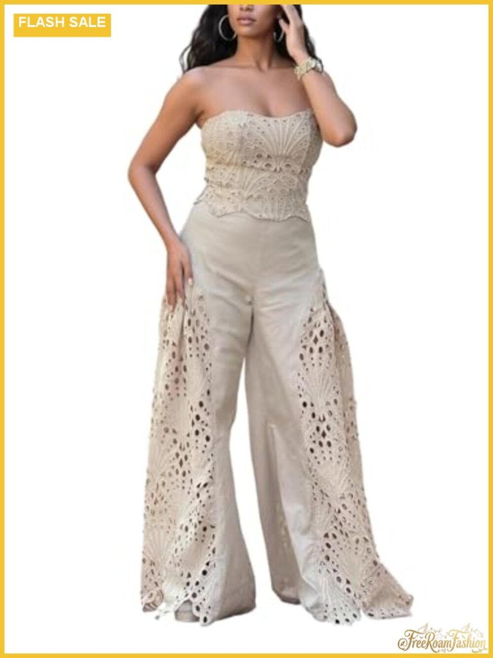 Strapless Corset Top Lace Wide Leg Pants 2 Piece Party Outfit Set